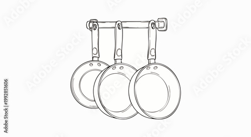 Three Frying Pans Hanging on a Rack, Hand-Drawn Sketch Style, Kitchen Utensils, Culinary Equipment