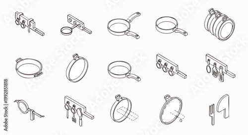 Isometric line art icons set of kitchen utensils and cookware. Essential tools for cooking and food preparation, including frying pans, pots, ladles, spatulas, and whisks.
