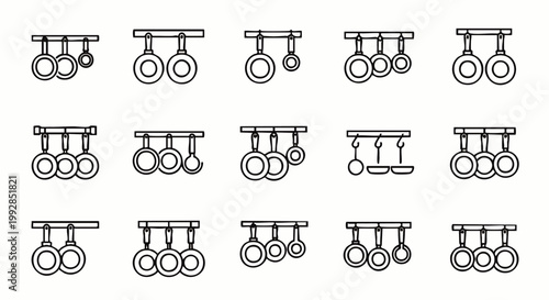 Collection of black and white line art icons featuring gymnastic rings and hanging exercise equipment, perfect for fitness apps, gym branding, and sports designs.