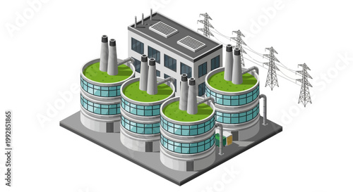 Isometric Industrial Complex Illustration with Green Roofs, Modern Factory Buildings, and High-Voltage Power Lines, Representing Sustainable Energy Production