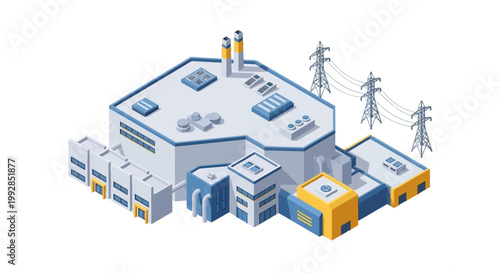 Isometric view of a modern industrial facility with power lines, representing energy production and manufacturing operations