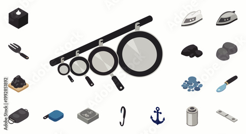 Isometric vector icon set of diverse everyday objects, including kitchenware like frying pans, a fork, boat, anchor, coal, battery, and key, isolated on white background.