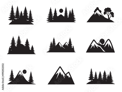 set of mountain and forest silhouettes vector illustration
