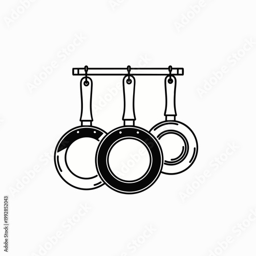 Three hanging frying pans on a rack, simple line art illustration, kitchenware, cooking equipment, culinary tools, black and white icon