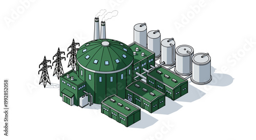 Isometric industrial power plant. Modern green buildings, storage tanks, electricity towers. Essential energy infrastructure and technological production