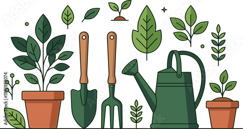 Gardening tools and potted plants on a table in a garden shed outdoor setting