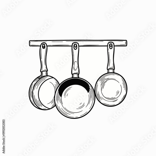 Three vintage saucepans hanging on a wooden rack, hand-drawn sketch illustration in black and white