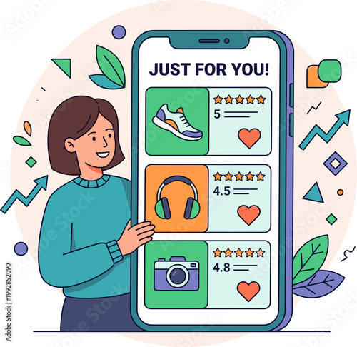 Woman holds phone with personalized recommendations on screen showing shoes, headphones, camera