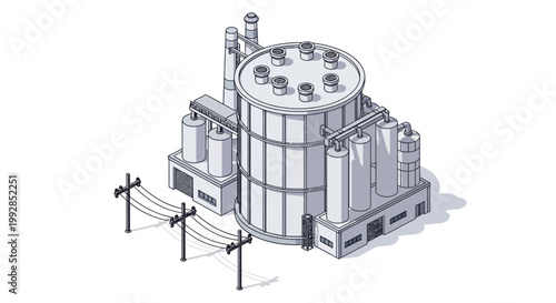 Isometric factory illustration. Modern industrial complex with storage tanks, power lines, chimneys, symbolizing energy production and manufacturing infrastructure