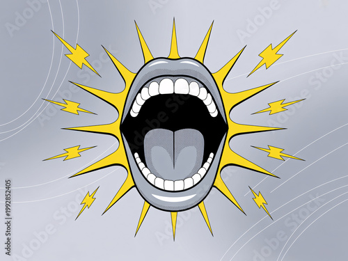 A cartoon illustration of an open mouth with lightning bolts radiating from it