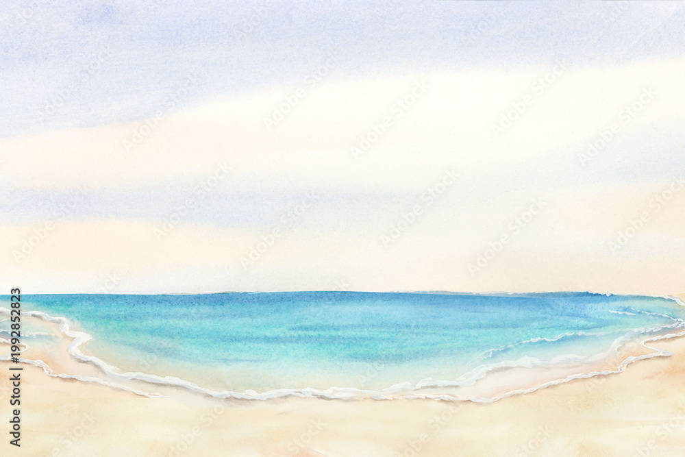 Fototapeta premium Watercolor morning dawn on the beach horizontal artistic illustration. Sea coast with sand landscape for Florida summer vacation in blue and turquoise. Tropical French Riviera seashore with clear sky