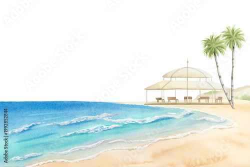 Dead sea coast with palm trees and gazebo tent watercolor illustration. Hand drawn ocean shore or beach clip art for summer horizontal travel designs. Spa resort sketch of Israel or Mediterranean