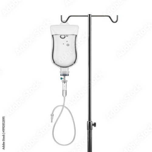 Medical iv drip bag and drip chamber system in use isolated on transparent background