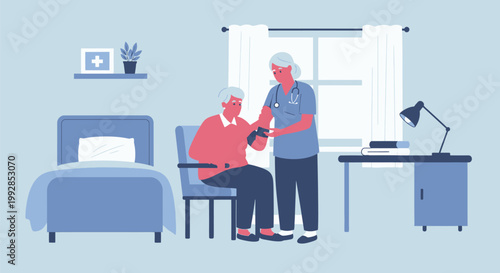 Senior Caregiver Checking Blood Pressure of Elderly Patient at Home Vector Illustration