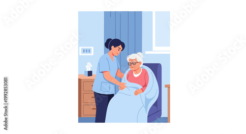 Professional Caregiver Assisting Elderly Woman in Nursing Home - Flat Vector Illustration of Healthcare Support for Seniors