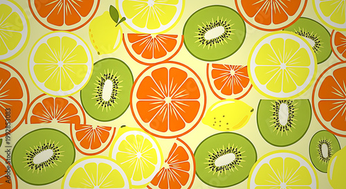 Vibrant seamless pattern of stylized summer fruit slices featuring oranges lemons and kiwis on a bright yellow background
