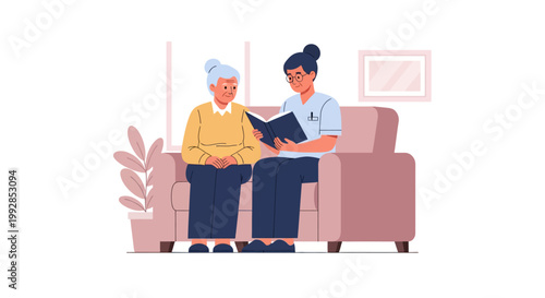 Elderly Care and Companionship Concept: Professional Caregiver Reading a Book to Senior Woman at Home - Vector Illustration