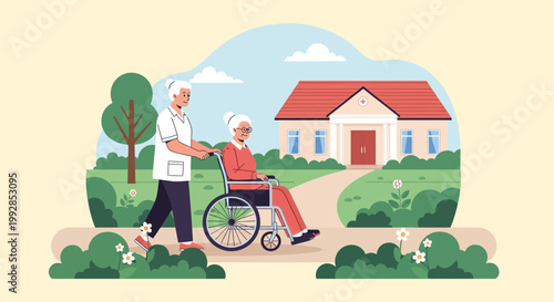 Caregiver Pushing Senior Woman in Wheelchair outside Nursing Home Building. Vector Illustration for Elder Care, Healthcare, and Assisted Living Services.