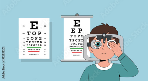 Cartoon Illustration of a Boy Having an Eye Exam with Vision Charts and Phoropter