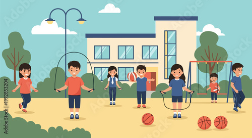Happy Children Playing in School Playground Illustration - Kids Exercising and Having Fun During Recess Flat Vector Art