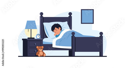 Little Boy Sleeping Peacefully in Bed with Teddy Bear and Nightstand, Cozy Bedroom Vector Illustration in Flat Design Style, Healthy Sleep Habits for Kids