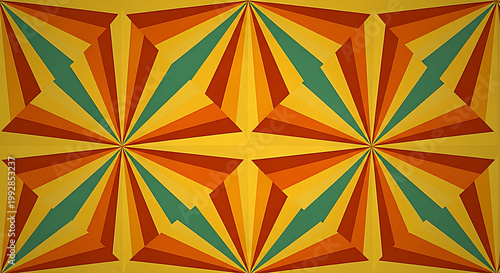 Vibrant retro sunburst geometric pattern with bold graphic motif in orange yellow and teal colors