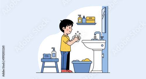 Illustration of a Little Boy Washing His Hands with Soap at a Bathroom Sink for Daily Hygiene and Health Routine