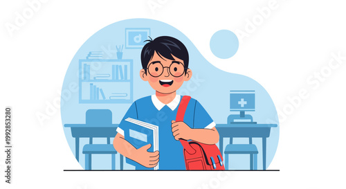 Happy Young Schoolboy with Backpack and Books in Classroom Illustration - Flat Vector Design for Education and Back to School