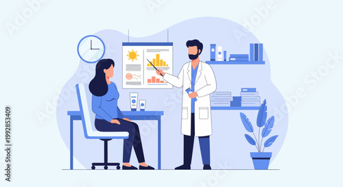 Dermatology Consultation with Professional Doctor Explaining Skincare and UV Protection to Patient