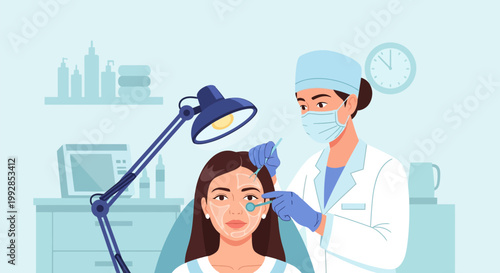 Professional Dermatologist Performing Facial Aesthetic Treatment on Patient in Medical Clinic Vector Illustration