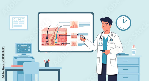 Male Dermatologist Explaining Skin Anatomy and Hair Follicle Structure in Clinic Vector Illustration