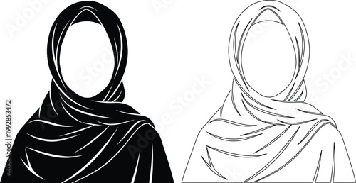 Muslim woman wearing hijab line art vector illustration.