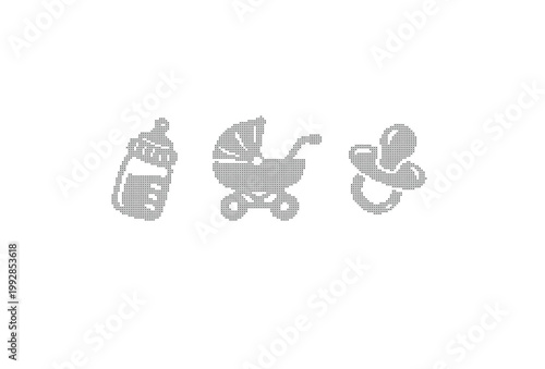 Minimalist baby icon set with feeding bottle, stroller, and pacifier. Gray newborn care symbols. Modern nursery equipment vector graphics.