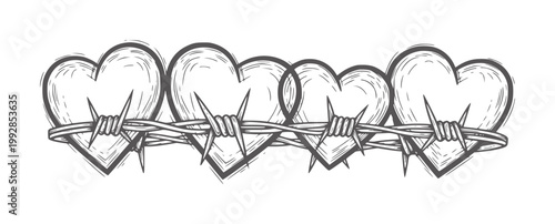 Fotografie Barbed wire entwined with a row of hearts in a style