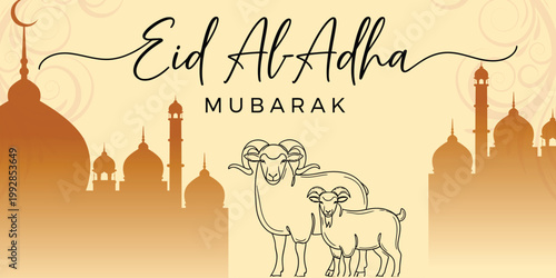 Eid Al Adha Mubarak greeting banner with sacrifice animals