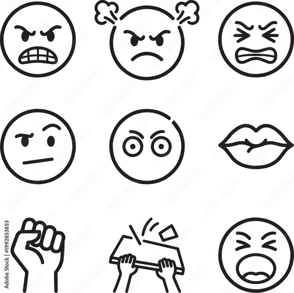 Fototapeta premium Angry Emoticons and Stress Expression Icon Set, Minimalist Outline Vector Symbols for Frustration, Rage, Annoyance, Mental Breakdown, and Aggressive Body Language