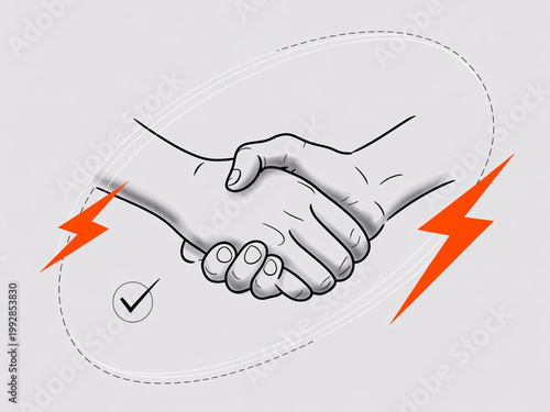 A handshake between two people with lightning bolts and a checkmark in the background