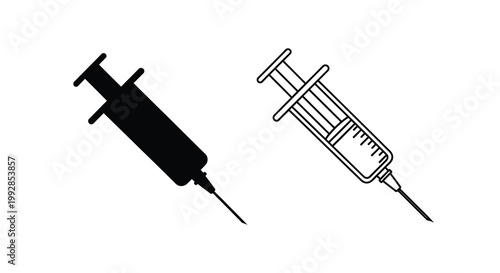 A pair of syringes are depicted in black and white showcasing a solid silhouette and a detailed line drawing