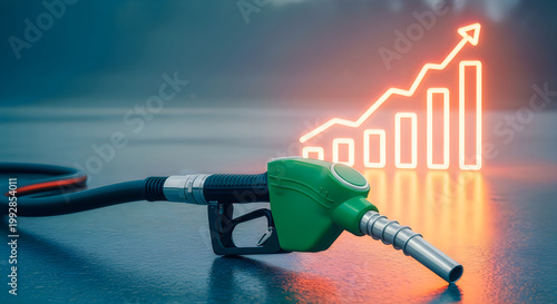 Gasoline fuel nozzle with rising graph symbolizing rising fuel prices and economic impact