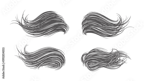 Four dark grey wisps of stylized hair blowing in the wind