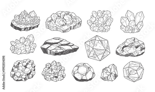 Hand drawn collection of various mineral crystal clusters and geometric rock formations
