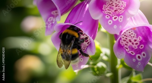 Busy bee on purple flower collecting.