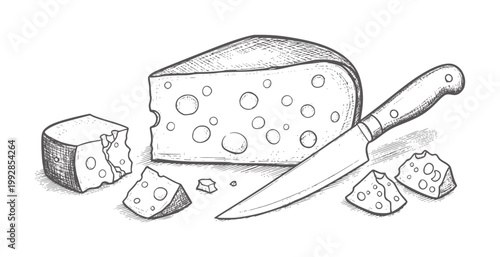 Hand drawn Swiss cheese wedges and knife white