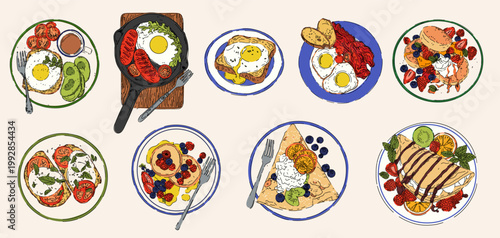 Hand Drawn Breakfast Food Set Top View Illustration