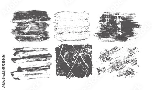 Six varied dark grey distressed grunge brush stroke textures