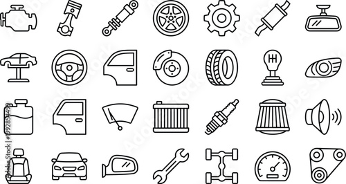 Comprehensive Vector Icon Set of Car Spare Parts and Automotive Components Featuring Engine Piston Brake Gearbox and Maintenance Symbols for Professional Repair Service Marketing.