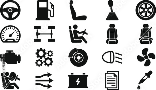 Comprehensive Set of Automotive Dashboard and Car Interior Spare Parts Icons Featuring Engine Battery Steering Wheel Gearbox and Maintenance Symbols for Professional Mechanical Engineering Graphics.