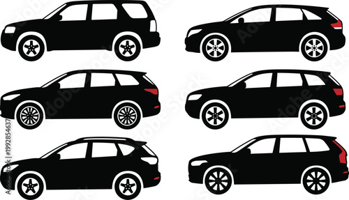 Set of Modern Off-Road Sport Utility Vehicle SUV Silhouettes Featuring Side View Profiles of Crossover Cars for Automotive Industry Branding Marketing and Creative Graphic Design.