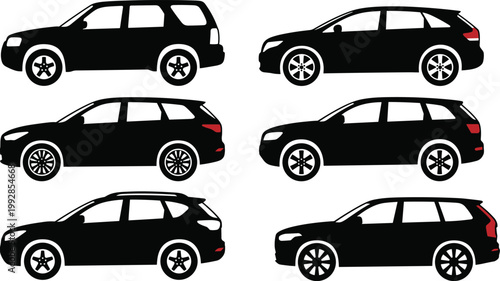 Collection of Black and White Vector Silhouettes Featuring Various Modern SUV and Crossover Vehicle Models with Red Tail Lights for Automotive Industry and Transportation Design Projects.