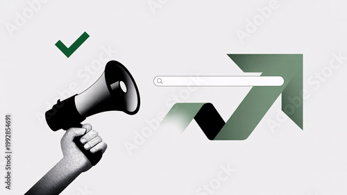 A hand holding a megaphone with a green checkmark and an arrow pointing upwards, symbolizing successful communication and growth.
